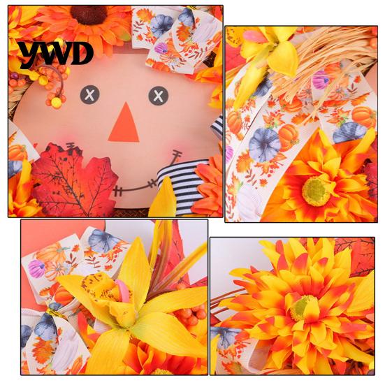 Decorative Harvest Party Supplies Artificial Autumn Scarecrow Wreath for Front Door, 15.7 Inch Sunflower Maple Leaf Indoor Outdoor Seasonal