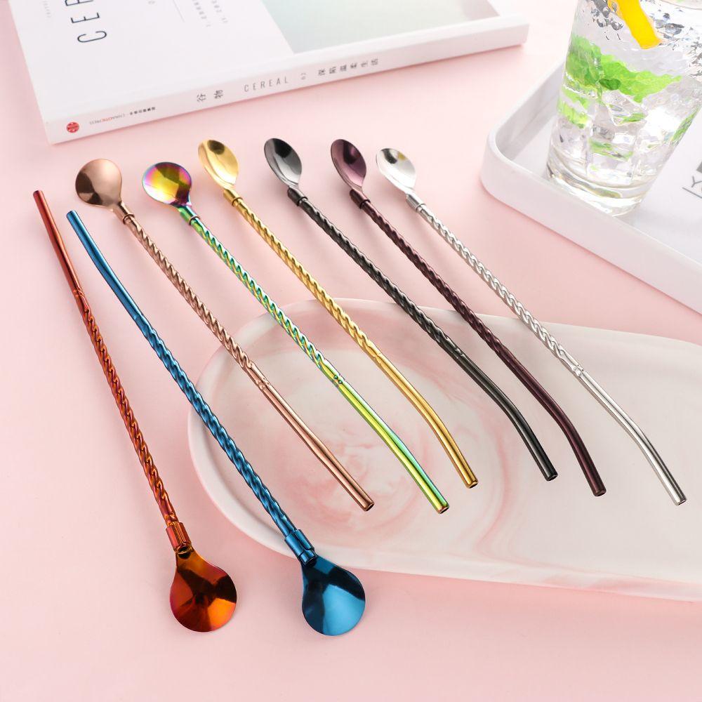 New Reusable Metal Bar Tea Stainless Steel Straws Spoon Coffee Spoons Drinking Straw