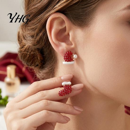 Asymmetric Christmas Hat Stocking Earrings 1 Pair Stud Earrings, Sparkly Red Rhinestone Cute Holiday Party Jewelry And Santa Gifts for Women