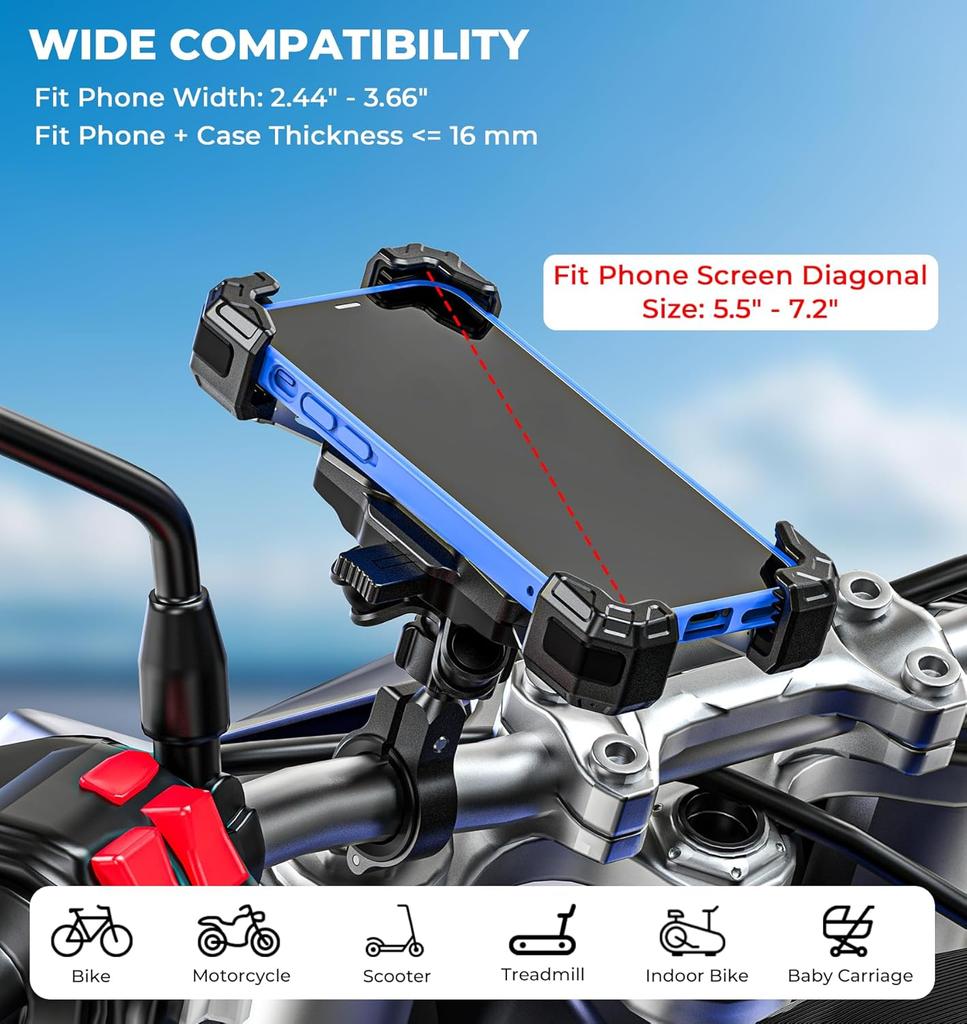 Motorcycle Phone Mount with Vibration Dampener, 1s Lock Bike Phone Holder with Aluminum Alloy Handlebar Mounting Base, One-Handed Operation