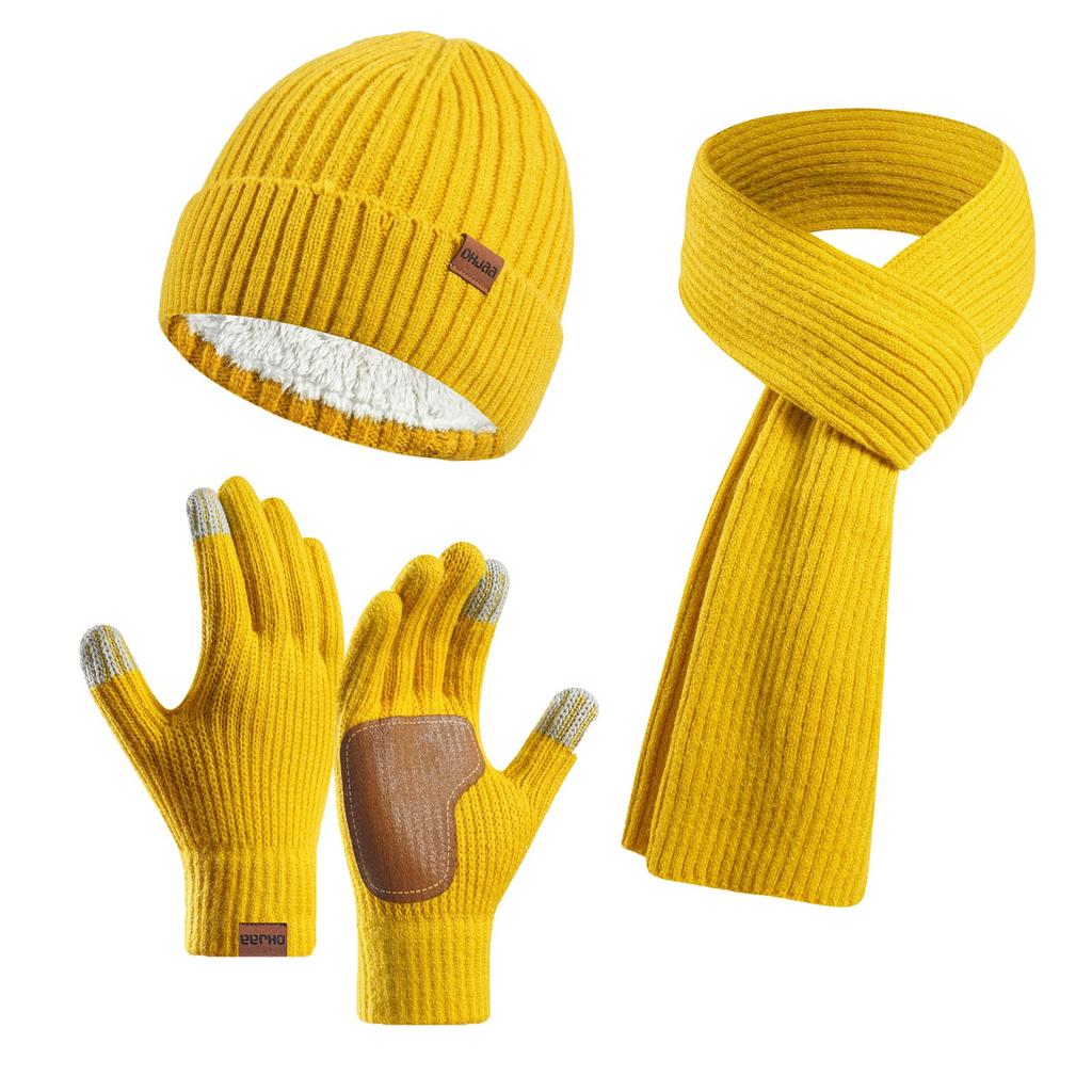 Couple Style Warm Wool Hat Knitted Plus Velvet Thickened Adult Hat Scarf Gloves Three-piece Set