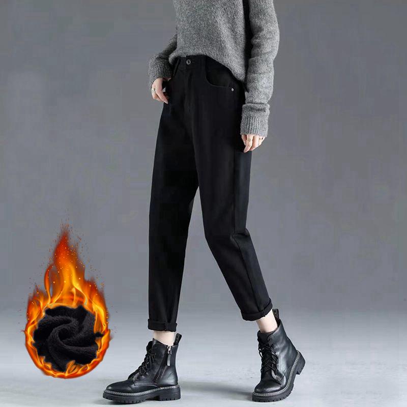 Женские плюшевые зимние джинсы с высокой талией - плотные, теплые, свободные прямые брюки-морковки