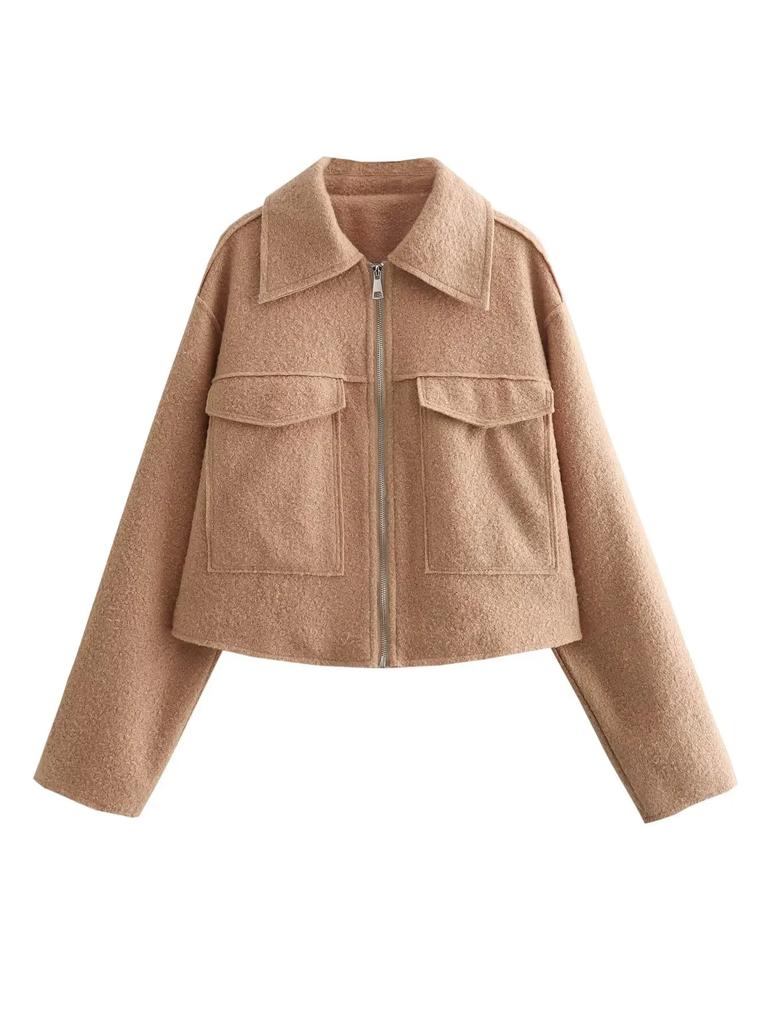 Autumn New Product Women's Fashion and Casual Versatile Polo Collar Long Sleeve Zipper Short Jacket Coat