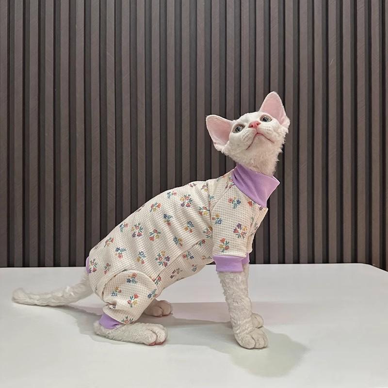 Новая вафельная цветочная одежда для четвероногих, защита живота, одежда для лысых кошек, сфинкс Кот Девон