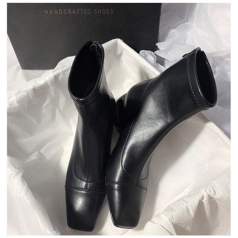 Fashion Square Toe Chunky Heel Back Zip Mid Heel Elegant Temperament Cut-out Special-shaped Heel Fashion Skinny Women's Boots