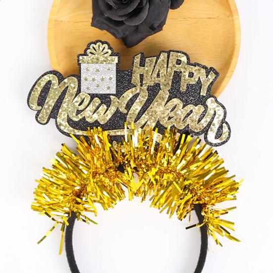 2026 Новогодняя повязка на голову с логотипом в виде цифр, черно-золотой дизайн с пайетками, украшенная лентами, обруч для волос, реквизит для командного единства