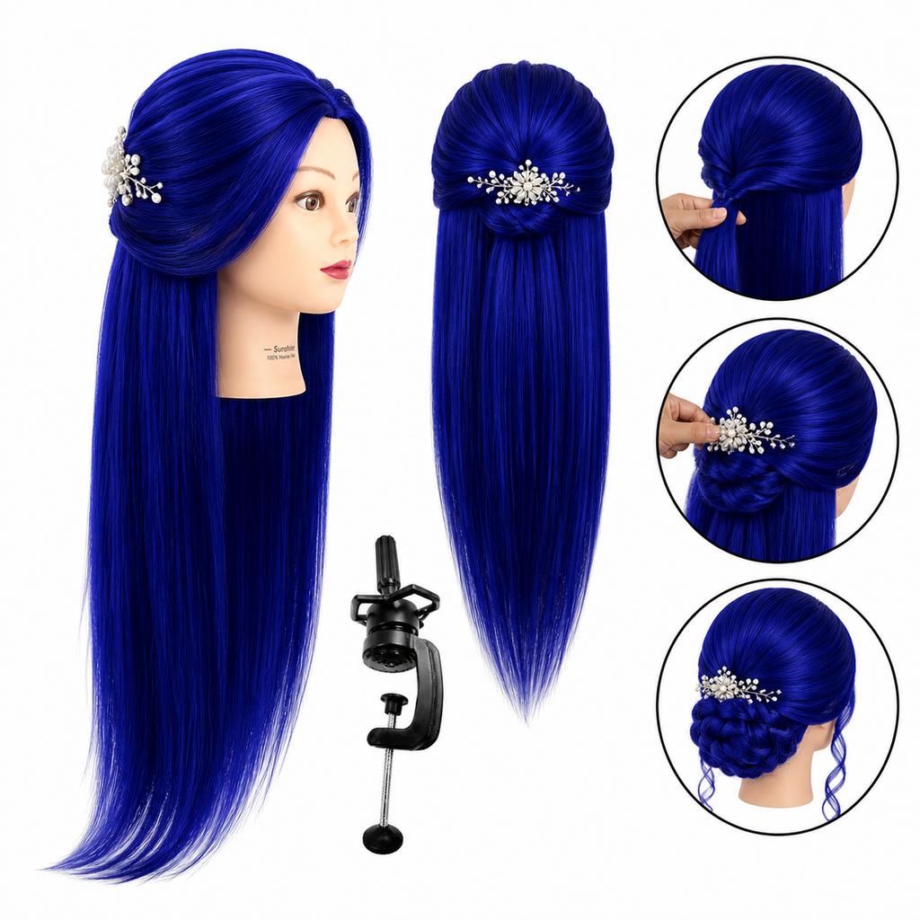 Iza Training Head 90cm Blue Thermal Hair + Handle Hairdressing Combing Exercise Head
