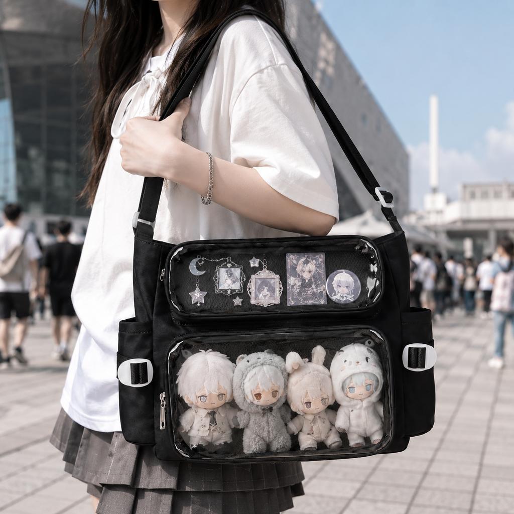 Black Ita Bag Dual Clear Window Plush Pin Badge Display Shoulder Bag with Side Pockets for Collectors