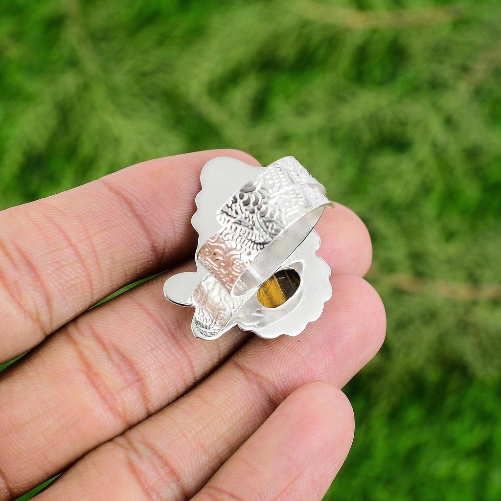 Natural TigerS Eye Gemstone 925 Silver Solitaire Adjustable Ring For Women