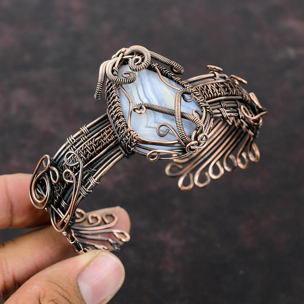 Браслет из голубого кружевного агата, браслет-манжета из медной проволоки с драгоценными камнями, ювелирные изделия ручной работы, регулируемый браслет-манжета, подарок для мамы, ювелирные изделия из медной проволоки