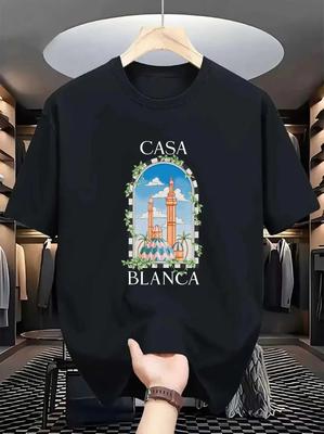 Винтажная футболка Касабланка с графическим принтом архитектуры Streetwear Мужская с коротким рукавом Летняя Хип-хоп Повседневная Свободная футболка Одежда