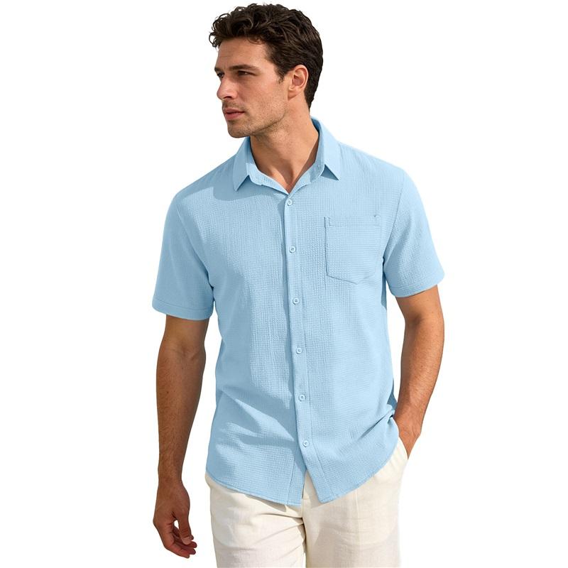 Men's Waffle Texture Short Sleeve Button Down Shirt Casual Pocketed Summer Top
