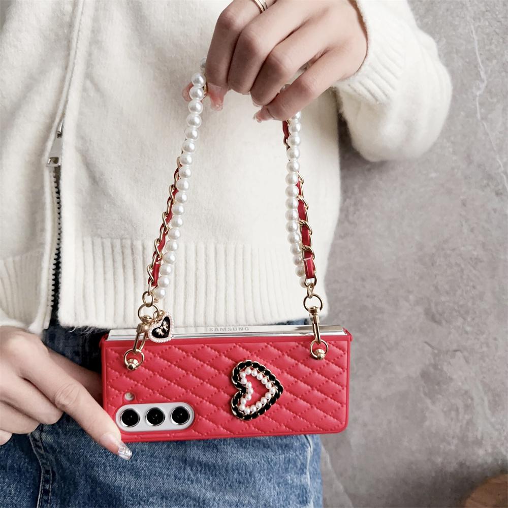 Leather Love Heart Hand Chain Case For Samsung Z Fold 5 4 3 Pearl Cover For Galaxy Z fold 4 z fold3 Soft Shockroof Case