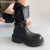 Fashion Platform Women Leather High Boots Designer New Mid Heels Shoes Woman 2024 Trend Chelsea Boots Winter New Mujer Motorcycle Boots