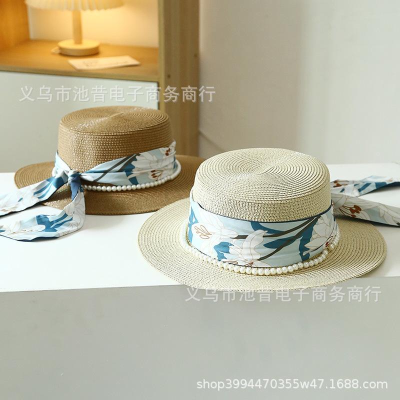 Pearl decorative flat top straw hat women's summer travel sunshade travel beach hat printed silk scarf streamer fashionable sunscreen hat