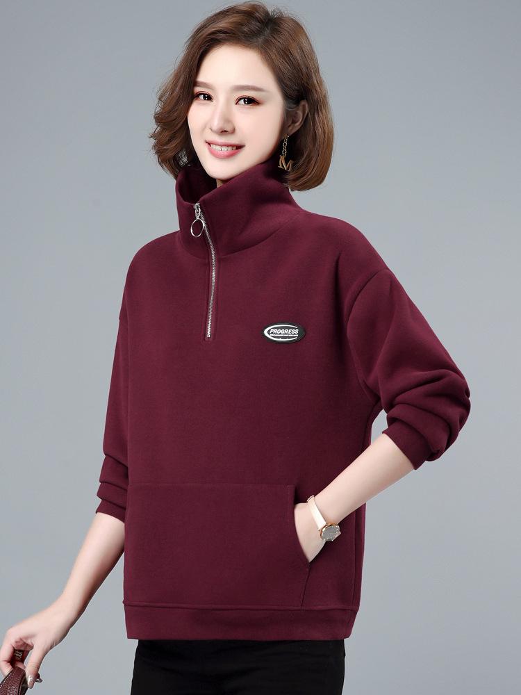 Женский утолщенный бархатный пуловер с застежкой-молнией на половину длины - модная свободная толстовка с воротником-стойкой на осень/зиму 2023 года