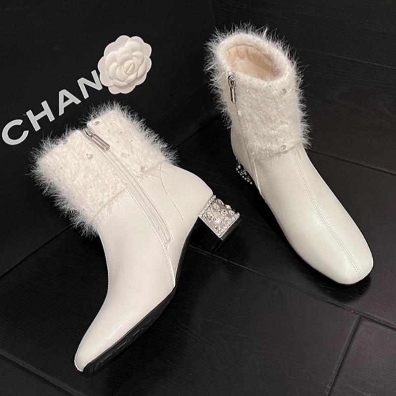 Женские зимние ботинки с мехом и кристаллами, роскошные, с квадратным носком, модные, вязаные, плюшевые, массивные, зимние, модные, элегантные, женские ботинки