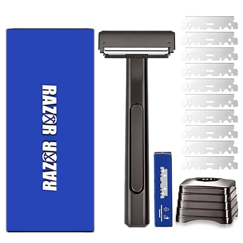 Reusable Rainbow Metal Safety Razor Set, including a razor stand and replacement blades stylish travel razor suitable for men