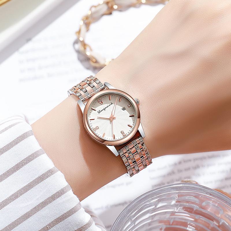 New Classic 20m Water Resistant Calendar Quartz Watch for Female Students; Simple Korean-Style Trendy Diamond-Embellished Watch