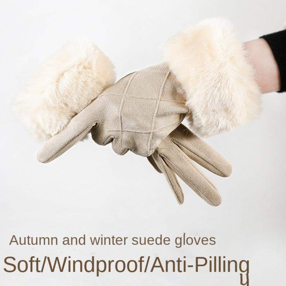 Plaid Winter Fleece-lined Gloves Suede Women Cycling Mittens Retro Gloves Female