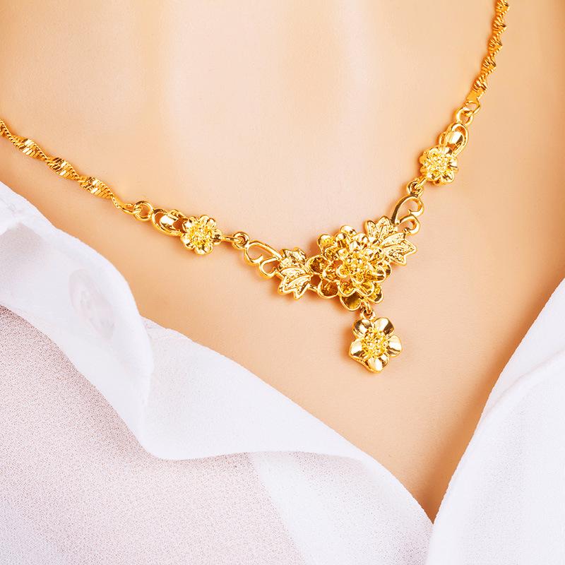 24k Gold Plated Women's Flower Necklace, Vietnamese Sand Gold Bridal Wedding Necklace, Brass Gold Plated Clavicle Necklace for Women