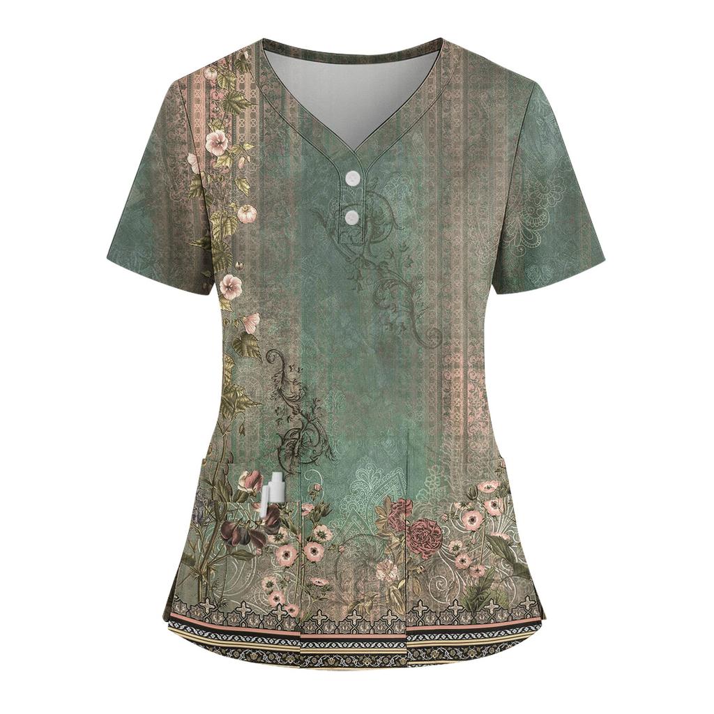 Женская свободная футболка с коротким рукавом, модным принтом цветов и растений, V-образным вырезом, застегивающаяся на пуговицы, с боковым разрезом