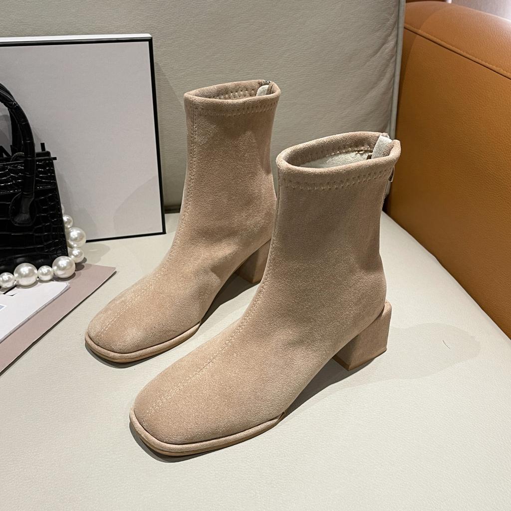 Модные замшевые короткие сапоги с квадратным носком, женские, осенне-зимние, эластичные, с толстым каблуком, на молнии сзади, ботильоны, модные, серые, черные, Botas De Mujer