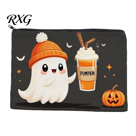 Cartoon Brush Holder Halloween Theme Cosmetic Bag, Durable Canvas Zipper Makeup Pouch, Digital Print Pouch Portable Storage for Stationery And