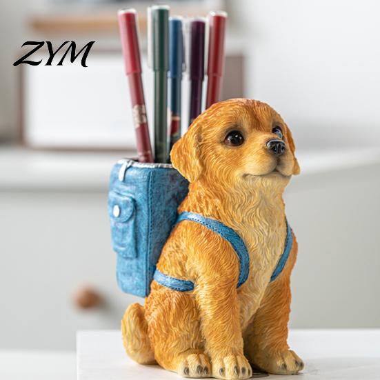 Resin Craft Gift for Kids Golden Puppy Backpack Pen Holder, Cute Animal Stationery Storage Ornament, Desktop Organizer, Office And Study Functional