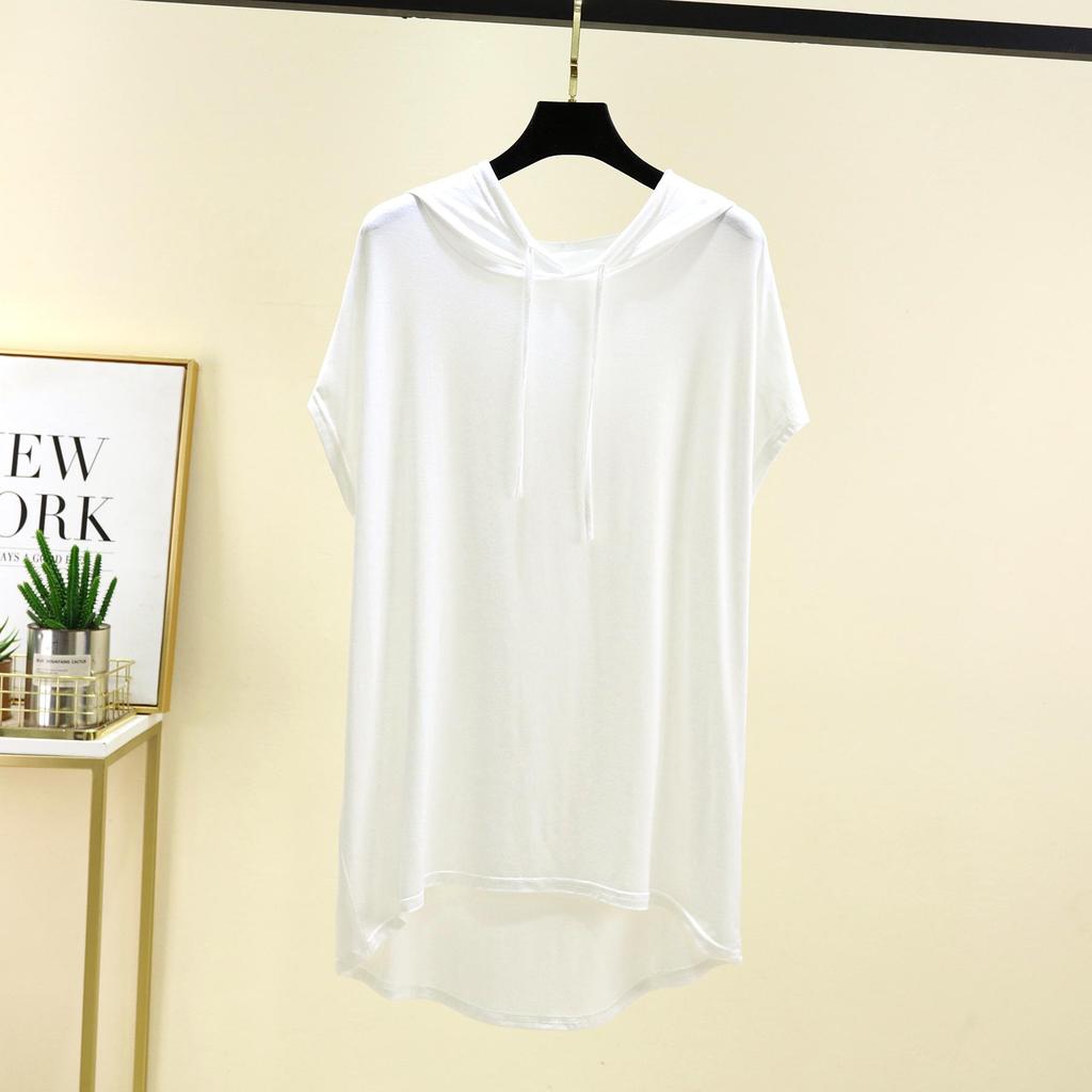 Женская футболка с капюшоном из модала с коротким рукавом для защиты от солнца - Весна/Лето, Большой размер, Слим-фит, Повседневный свободный крой