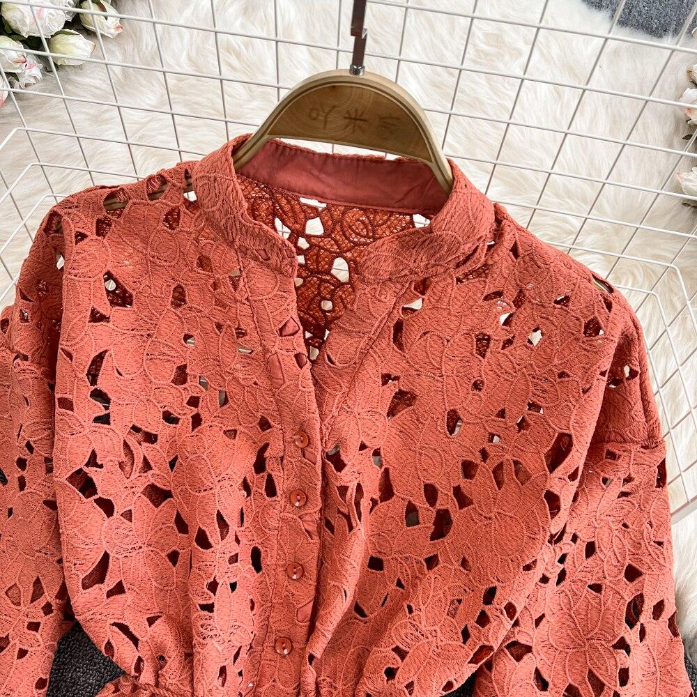 Короткая рубашка в стиле ретро с v-образным вырезом и полой вышивкой, рукавами-фонариками, женская цельная юбка трапециевидной формы с высокой талией, состоящая из двух частей