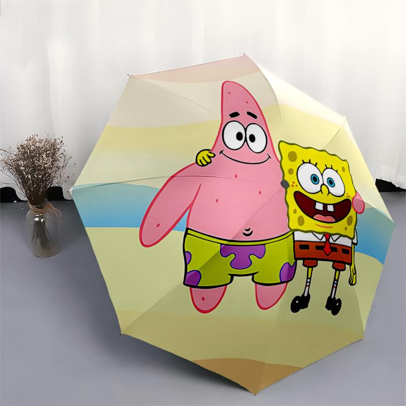1pc SpongeBob SquarePants & Patrick Star Automatic Opening/Closing Umbrella - Portable 3-Fold Design, 8-Bone Iron Frame Outdoor Umbrella - Ideal