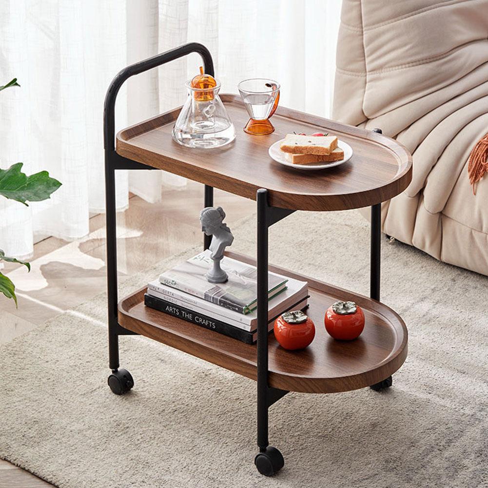 Walnut Wood Nordic Corner Table with Wheels Elegant Coffee Table Large Capacity Cart Side Rack for Reading Book Tea Vase