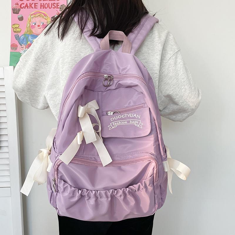 Милые школьные сумки с бантом для колледжа, контрастные нейлоновые рюкзаки для учеников младших классов средней школы, большая вместимость, сумка через плечо для девочек-подростков