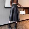 Women's PU Leather A-Line Midi Skirt: Autumn/Winter High Waist, Large Swing, Hip-Covering, Casual Temperament.