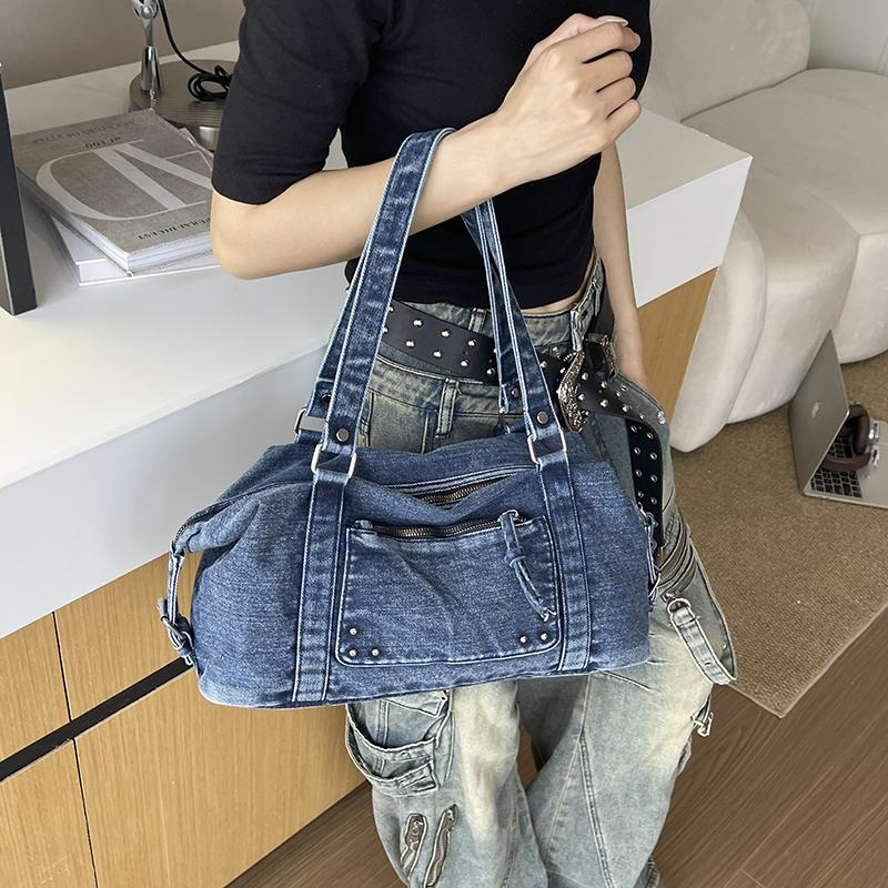 Women Denim Shoulder Bag Casual Tote Handbag with Multi Zipper Pockets