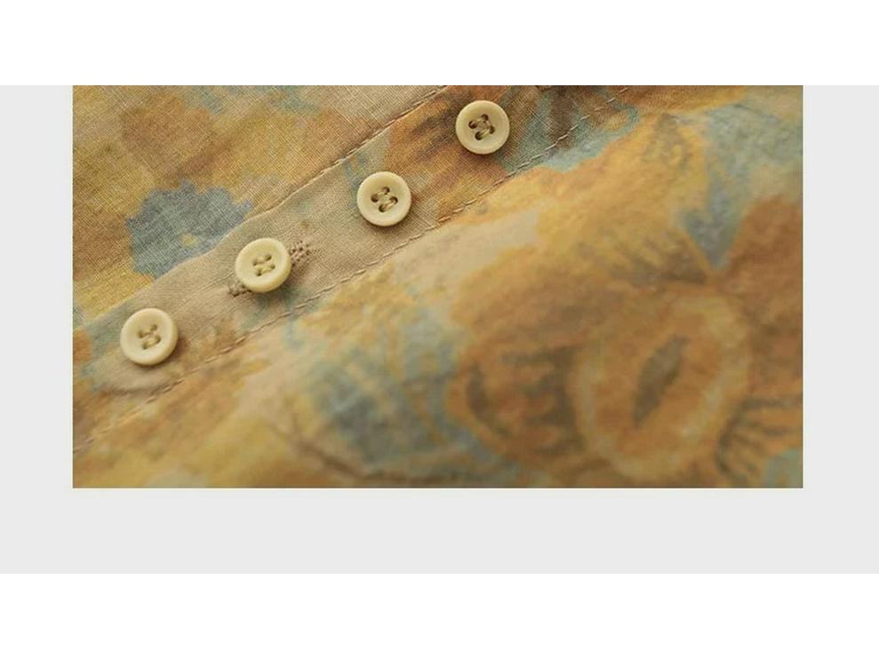 Женский летний костюм-двойка из хлопка и льна с цветочным принтом и короткими рукавами 2023 года — свободный крой, облегающее платье в корейском стиле