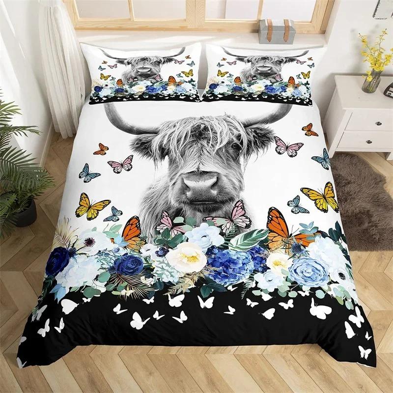 Пододеяльник с изображением коровы Хайленд, King Queen, вестерн, фермерское животное, комплект постельного белья из микрофибры с изображением быка и крупного рогатого скота с цветочным рисунком для детей и подростков