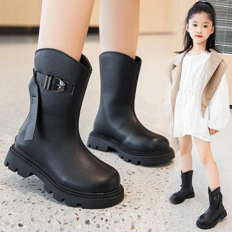 Новые детские ботинки, ботинки для девочек, матовые, однотонные, школьные, черные, весна-осень, модные детские кожаные ботинки по щиколотку, нескользящие
