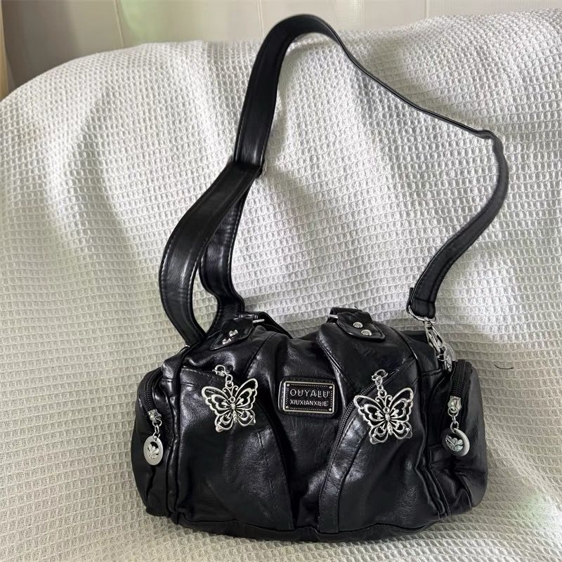 Retro Butterfly Black Handbag Women Subculture Leather Shoulder Messenger Bags Y2k Ladies Vintage Underarm Bag