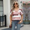 Женская новая весенне-летняя футболка с полосатым принтом, V-образным вырезом, рукавом «летучая мышь», карманом