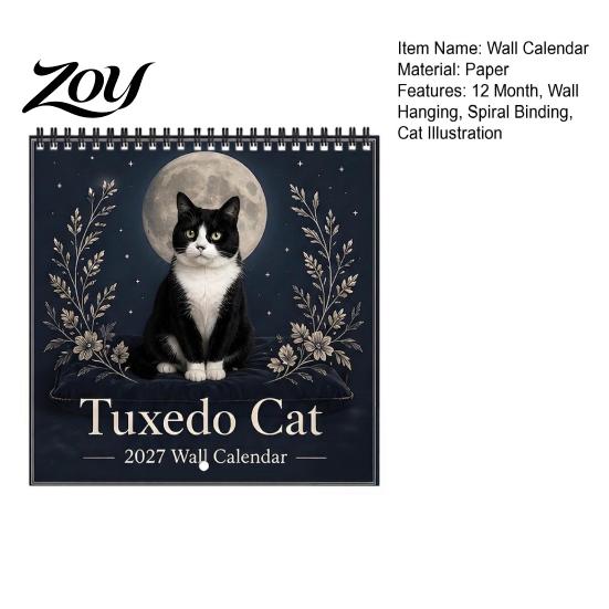 12 Month Office Planner Tuxedo Cats 2027 Wall Calendar, Black And White Cat Photography Spiral Bound Planning Calendar Monthly Hanging for Lovers,