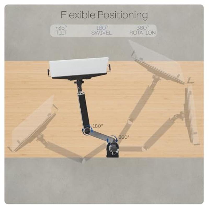 Desk-mounted universal laptop mount for 1015.6 inch devices, black steel tension arm with C-clamp and grommet mounting options,