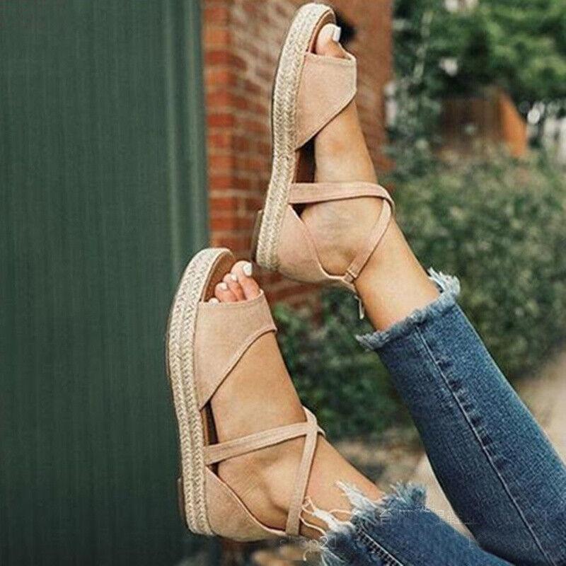 Chic And Comfortable Women Ladies Flat Espadrille Sandals With Low Wedge Heel Peep Toe Design