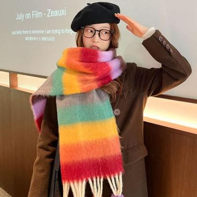 Дофаминовый мохеровый студенческий шарф Женский осенне-зимний тренд Радужный полосатый шарф Меховой помпон для тепла