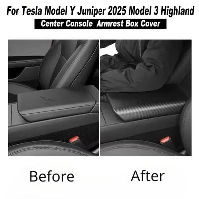 Для Tesla Model 3 Highland Model Y Juniper 2025 Аксессуары Крышка-накладка на бокс для хранения подлокотника Панель центральной консоли из АБС-пластика с карбоновым волокном
