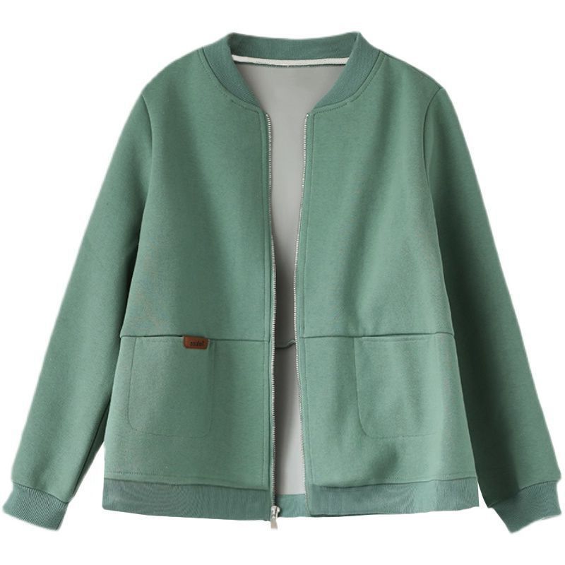 Women's Spring and Autumn Short Solid Color Jacket Loose Zipper Round Neck Casual Baseball Apparel