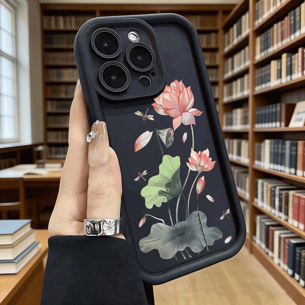 Чехол для телефона с цветами лотоса и стрекозами для iPhone 17 16 15 14 13 12 11 Pro Max Plus, Защитный, Гелевый, Гибкий, Противоударный