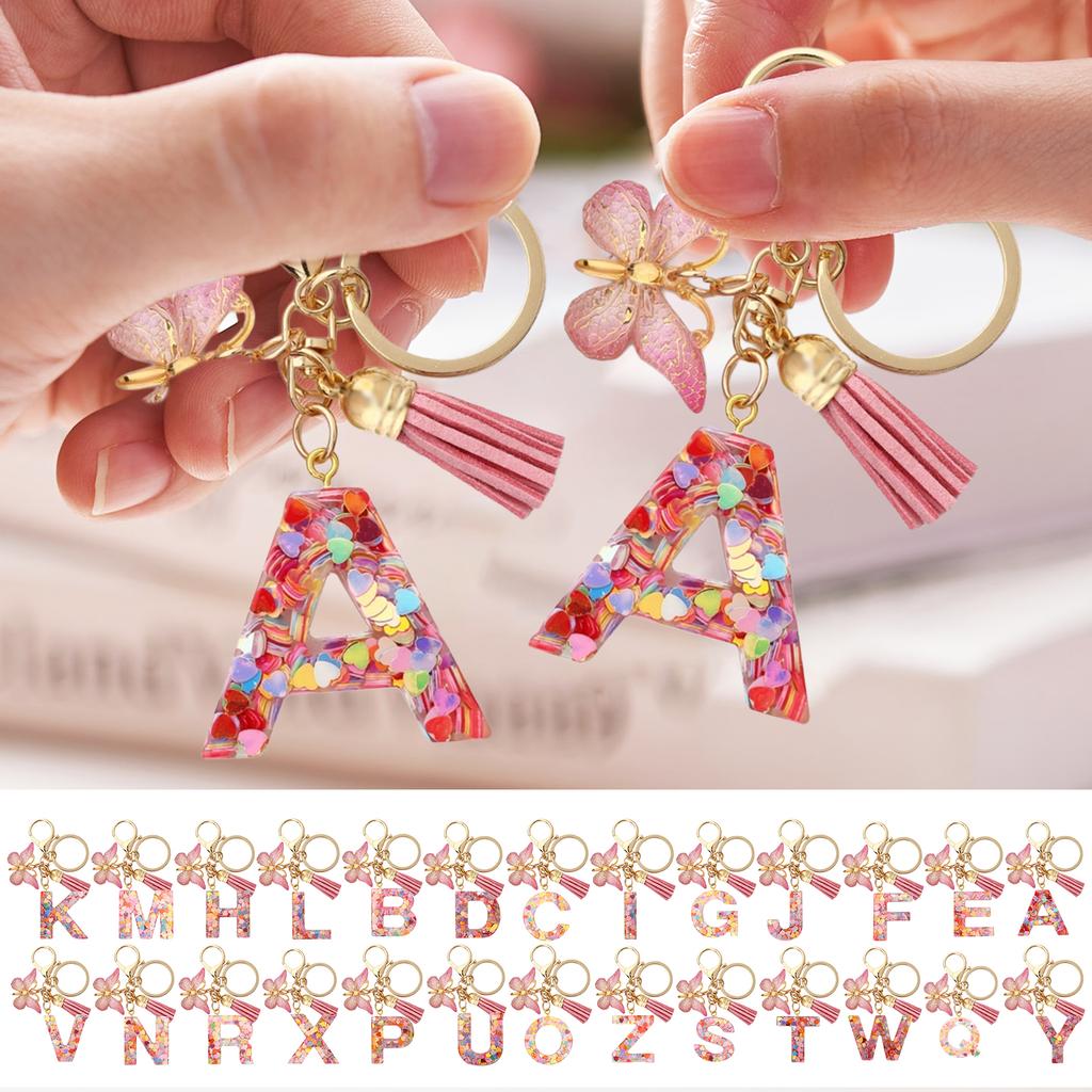 Сладкие Разноцветные Пайетки Сердечки Брелок с Буквой Инициалом Кисточки Подвеска Бабочка Брелок для Женщин Девушек Сумка Кошелек