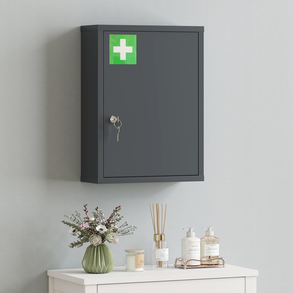 Wall-Mounted Medicine Cabinet with Lock, 3-Tier Steel Wall Cabinet, 40 x 15 x 53.5 cm, Charcoal Gray